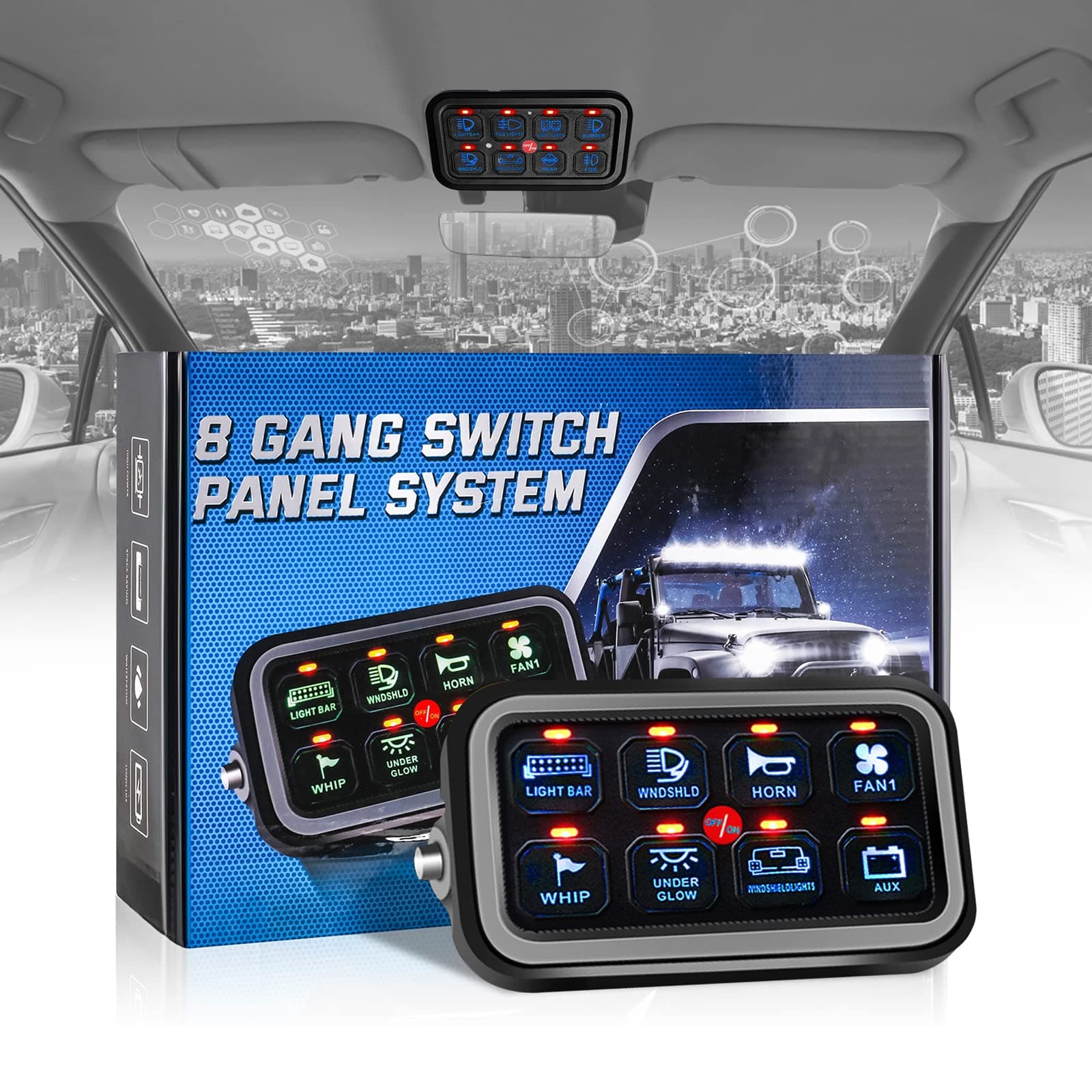 IRONWALLS 8 Gang Switch Panel LED On-Off Car Control Automatic Dimmable Switch Panel with Wiring Harness, Label Stickers for Car Marine Boat Trunk Jeep Ford