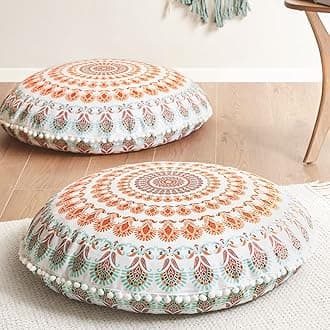 Codi Floor Pillows for Adults Set of 2, Large Boho Meditation Cushions with Memory Foam, Round Mandala Seating for Outdoor Yoga and Living Room, Washable, 32 Inch, Coral