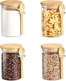 Vtopmart Set of 4 Glass Jars with Bamboo Lids & Spoons, 17 oz Glass Storage Containers with Lids for Dry Food Storage Sugar, Coffee, Nuts, Cookie, Candy, Tea, Airtight Kitchen Canisters Spice Jars