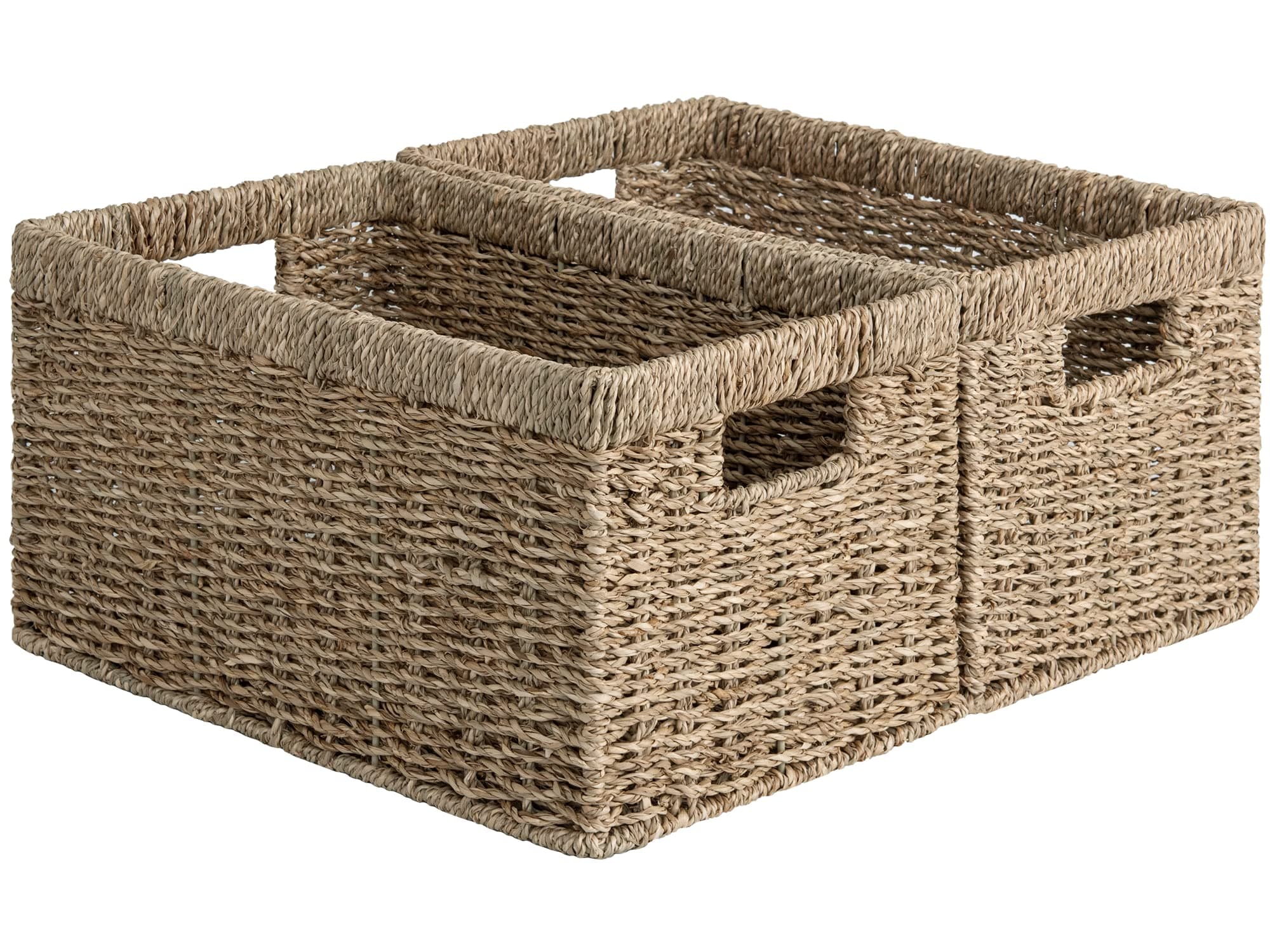 StorageWorks Wicker Baskets for Shelves, Large Shelf Storage Baskets with Handles, Rectangular Wicker Storage Box Organisers, Woven Basket for Organising Pantry Bathroom, Natural Seagrass, 2-Pack