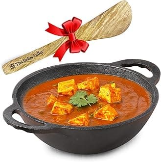 The Indus Valley Pre-Seasoned Cast Iron Kadai With Free Wooden Flip | Medium, 25.2Cm/10Inch | Gas Compatible | Naturally Nonstick, 100% Pure & Toxin-Free, 1 Count, Black