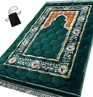 Prayer Rug Muslim Mat Islamic - Padded Very Thick Prayer Rug Sajadah for Men Women with Islam Prayer Beads for Eid Travel Ramadan, Soft and Luxury (Green Dl)