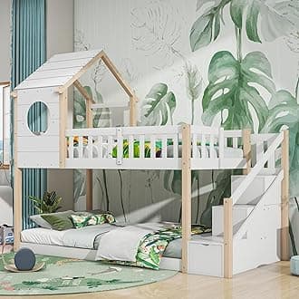 ABIN Wood House Bunk Bed 90 * 190 cm, Cabin Bed Frame, Wooden Bunk Bed Frame with Ladder and storage space (Natural&White)