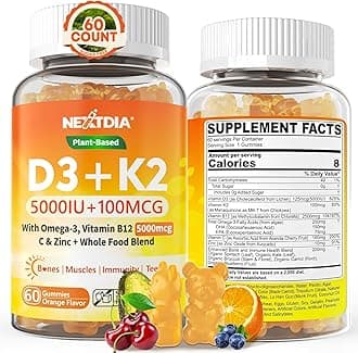 Vitamin D3 K2 Gummies 5000IU / 10,000 IU with Omega-3 250mg+K2(MK-7) 100mcg -5X Absorption Than Standard D3K2,with Vitamin C,Zinc,and 5 Organic Vegetables,Supports Bone & Teeth Strength, Immune,1 Pack