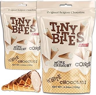 Tiny Bites - Crispy Mini Waffle Cones Treats - Premium Belgian Chocolate, 4.24 oz Bag (Pack of 2) - Delicious Variety of Flavors, Perfect Snack, Dessert, or Ice Cream Topping (2 Pack, White Chocolate)