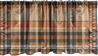 Ambesonne Autumn Plaid Window Valance Pack of 2, Fall Harvest Traditional Buffalo Tartan Lines Thanksgiving Art, Rod Pocket Curtain Valances Kitchen Bedroom, 54" X 12",Orange Tan Grey Teal