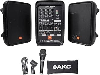 JBL Professional EON208P Portable All-in-One Dual Speaker, 2-way PA System with AKG Vocal Microphone, 8-Channel Mixer and Bluetooth, Black