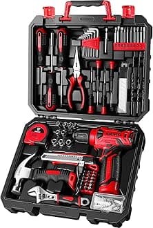 8V Red Cordless Drill Tool Set, Home Tool Kit with Drill, Hand Tool Kits for Women, 126 Pieces
