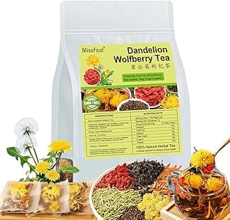 Dandelion Wolfberry Tea, 12 Pcs Natural Kidney & Liver Detox Tea, 8 Chinese Herbal Ingredients Blend, Dandelion Wolfberry Organic, Cassia seed, Chrysanthemum, Honeysuckle (144g,12gx12 packs)