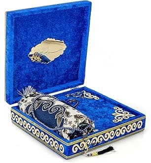 Ihvan Luxury Islamic Gift Box, Deluxe 4 Piece Set with Velvet Covered Quran, Prayer Beads Tesbih, Prayer Rug, Ramadan & Eid Gift, Navy Blue