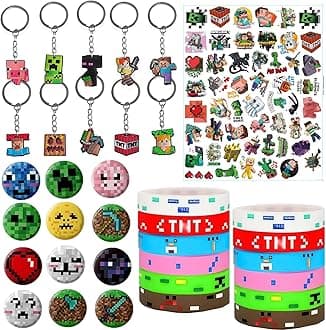 86 pcs Party Favors Set Include and Keychains for Game Fans Party Bag Fillers Gamer Party Favours Colored Silicone Wristbands Rubber Key Chains Supplies Kids Birthday Themed Party (Green)