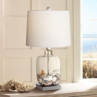 360 Lighting Coastal Accent Table Lamp 21 3/4" High Brushed Steel Silver Clear Glass Fillable White Drum Shade Decor for Living Room Bedroom House Bedside Nightstand Home Office Family