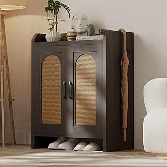 Mericonia Shoe Cabinet Storage for Entryway, Natural Rattan Shoes Cupboard, Wooden Shoe Rack with Doors and Shelves, Farmhouse Boho Wood Shoe Organizer Cabinet for Hallway Black