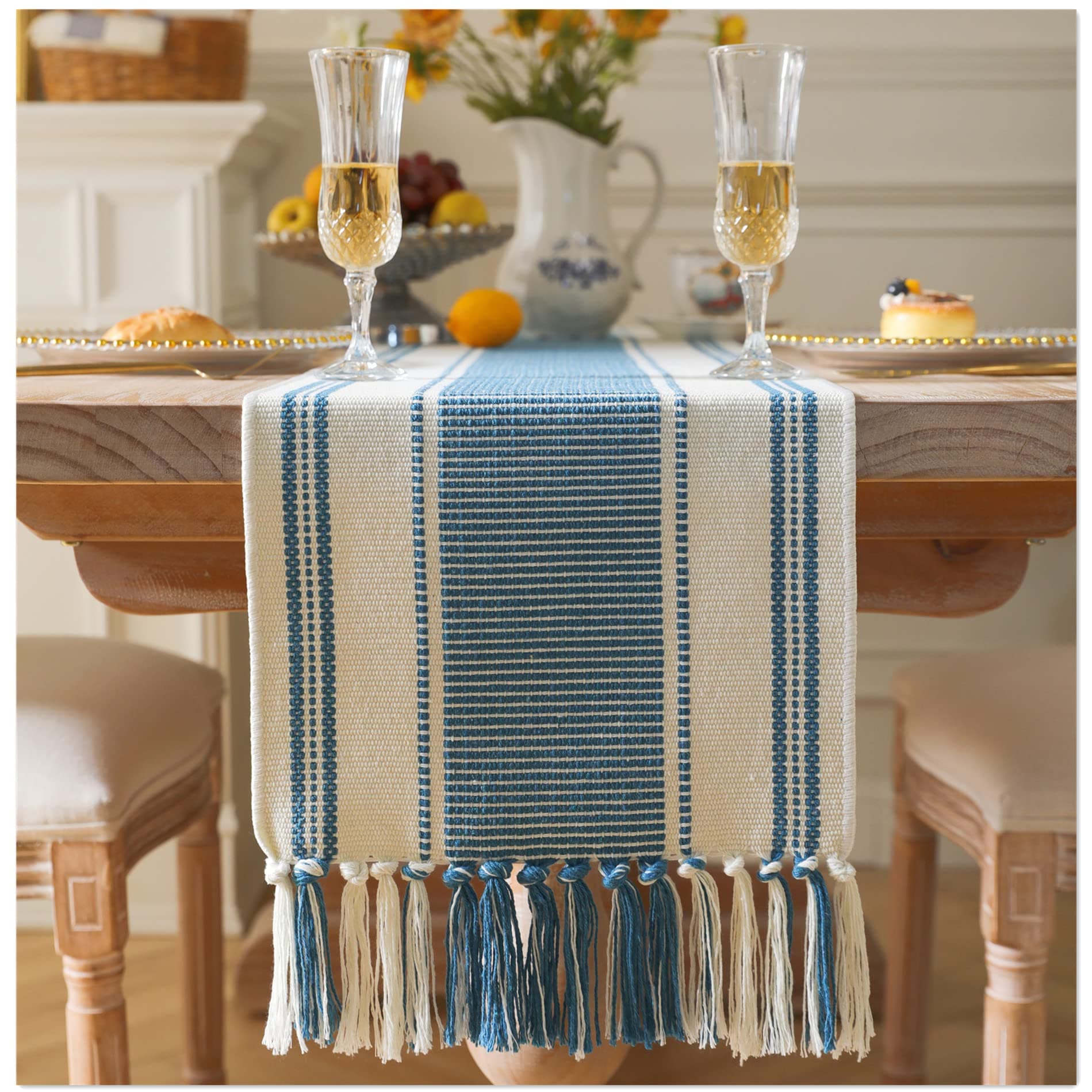 Caflife Boho Table Runner Blue for Modern Farmhouse Coffee Table Decor, Rustic Woven Runner with Handcrafted Tassels for Home Dining Table décor 13 x 108 Inch Long