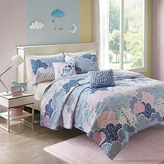 Intelligent Design Kids Reversible Cotton Quilt Set - Vibrant Fun, Playful Print, All Season Children Bedding Coverlet Bedspread, Decorative Pillow, Bedroom Décor, Twin, Cloud Blue 4 Piece