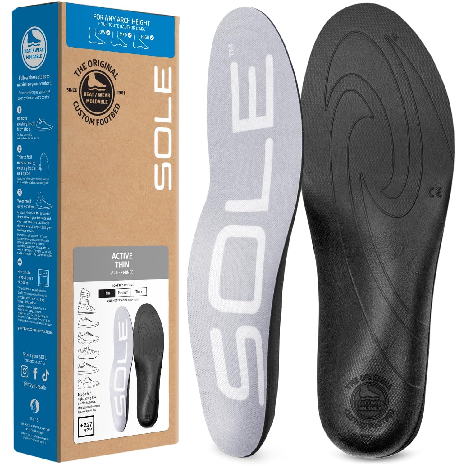 Active Thin Shoe Insoles – Orthotic Arch Support Inserts for Plantar Fasciitis Relief - Mens Size 10/Womens Size 12, 1 Pair