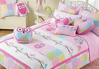 Cute Owl Pink Blue Green Embroidery 100% Cotton Reversible Girl Bedding Quilt Set, Coverlet, Bedspreads (Pink Owl, Twin - 2 Piece)