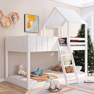 BTM Bunk Bed with Guard Rail, 3FT Wooden Cabin Beds, Single Loft Bed, Guard rail and Ladder for Kids, Teens, Girl or Boys