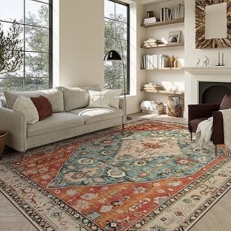 Lahome Boho Tribal Area Rug - Large Dining Room Rug Soft Living Room Mat, Vintage Washable Indoor Floor Throw Carpet for Home Decor,Rust, blue, Geometric Tribal, 9' x 12'