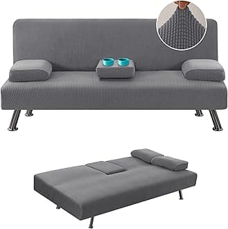H.VERSAILTEX 4 Pieces Stretch Futon Covers Sofa Bed Slipcover with Removable Armrests and Cupholders Covers Furniture Protector High Spandex Small Checks Jacquard Fabric, Grey