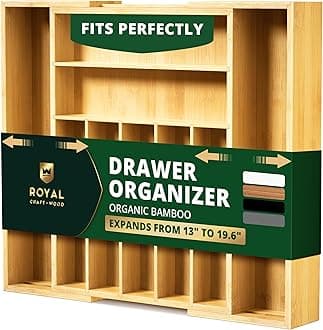 ROYAL CRAFT WOOD Luxury Bamboo Kitchen Drawer Organizer - Silverware Organizer - Utensil Holder and Cutlery Tray with Grooved Drawer Dividers for Flatware and Kitchen Utensils (9 Slot, Natural)
