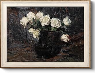 VIYYIEA Vintage Framed Wall Art, Waterproof Canvas Prints, White Roses in Vase, Holiday Gifts Wall Decor, Landscape Wall Prints, Abstract Art Wall Pictures, for home and office.