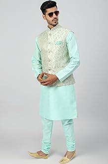 Men's Silk Blend Regular Kurta Churidar Pyjama with Bundi Nehru Jacket/Waistcoat