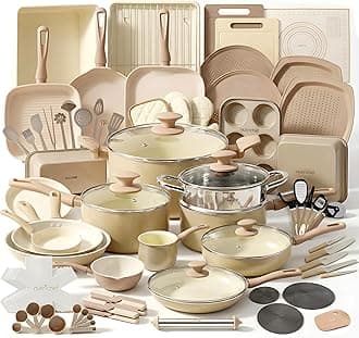 75-Piece Non-Stick Pots and Pans Set, Complete Ceramic Cookware Set with Bakeware, Utensils, Knife Set, & Accessories, Stain-Resistant, Food-Grade Safe, Cream/Brown