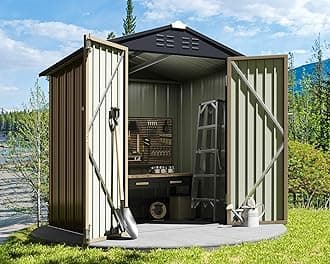Greesum Metal Outdoor Storage Shed 6FT x 4FT, Steel Utility Tool Shed Storage House with Door & Lock, Metal Sheds Outdoor Storage for Backyard Garden Patio Lawn (6' x 4'), Brown