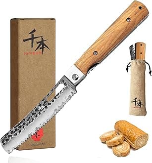 SENBON Forged 440A Stainless Steel pocket folding Bread knife Natural Olive Handle Camping trip Outdoor Portable Serrated knife