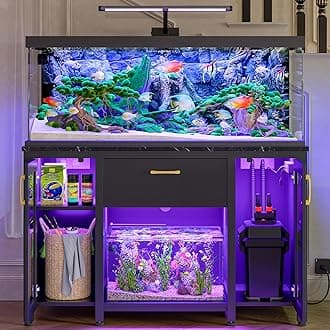 Bestier 55-75 Gallon Fish Tank Stand with Power Outlet & LED Light, 49.2"x19.2" Heavy-Duty Aquarium Stand with Storage, Dual Glass Cabinet, 8 Thicken Metal Legs, Suit for Reptile/Turtle Terrarium