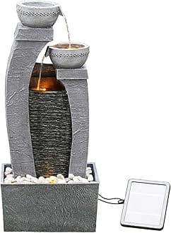 Teamson Home Solar Powered Water Feature, Indoor or Outdoor Garden Water Fountain, Indoor Waterfall with Battery Back Up and LED Lights, 3 Tier, Grey