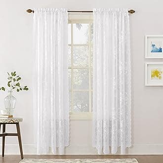 No. 918 Alison Floral Lace Sheer Rod Pocket Curtain Panel, 58" x 72", White