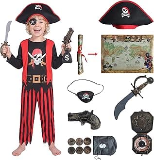 Pirate Costume Kids, Pirate Costume Boys, Caribbean Jack Sparrow Captain Hook Buccaneer Outfit for Boys 3-8 Years