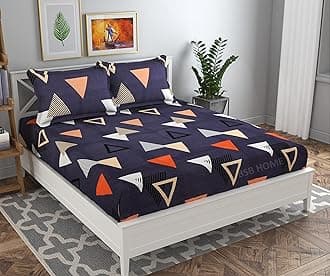 BSB HOME Premium Cotton Elastic Fitted Bedsheets with 2 King Size Pillow Covers | Double Bed with All Around Elastic 180 TC Supersoft | Size - 72 King Sizex78+10 inches | Grey Orange and White