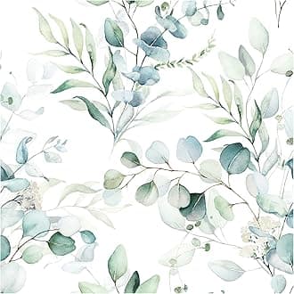 HAOKHOME Peel and Stick Wallpaper Boho Green/White Eucalyptus Leaf Floral Wall Mural Home Nursery Decor Renter Friendly Wallpaper 17.3in x 32.8ft