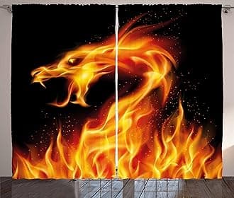 Ambesonne Dragon Curtains, Abstract Fiery Creature on Black Background Illustration, Living Room Bedroom Window Drapes 2 Panel Set, 108" X 63", Black Orange