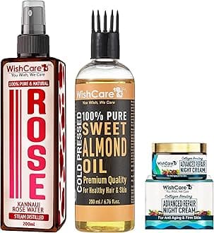 WishCare Collagen Boosting - Advance Repair Night Cream&Pure Cold Pressed Sweet Almond Oil and Glowing Skin & Face - 200ml&WishCare Rose Water