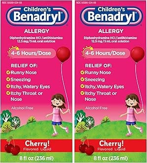 Benadryl Children's Allergy Relief Liquid Medicine with Diphenhydramine HCl Antihistamine for Kids' Allergy Relief, Effective Allergy Relief, Cherry Flavor, 8 fl. oz (Pack of 2)
