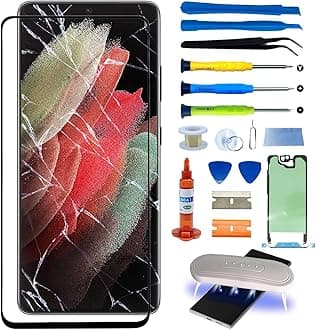 for Samsung Galaxy S21 Ultra Front Glass Repair Kit Screen Replacement Outer Glass Screen incl Waterpoof Frame Adhesive,Repair Glue and Lamp Tool Kit(No Digitizer,No LCD) 6.8 inch