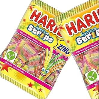 Rainbow Strips Zing Gummy Sugar Coated Sweets Fizzy Belts Strawberry, Apple, Lemon, Tropical 130g - 3x Share Bags