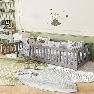 Twin Size Montessori Floor Bed with Slats, Twin Size Floor Bed with Door and Fence, Easy Assemble Montessori Beds for Kids, Girls, Boys, Gray