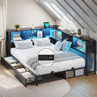 Full Corner Bed Frame with Bookcase Storage and Led Lights Metal Platform Bed Frame Full Size with Storage Drawers & Charging Station Full Size Daybed for Teen/Adult,No Box Spring Needed,Black