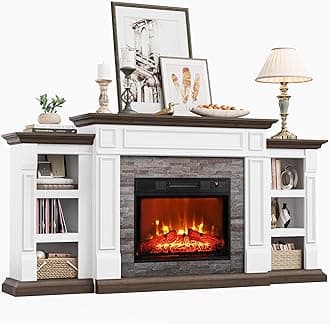 Naice 72" Electric Fireplace with Mantel and Cabinets, Fireplace TV Stand for Living Room Bedroom, Stacked Stone Surround and Remote Control 3D Realistic Flame