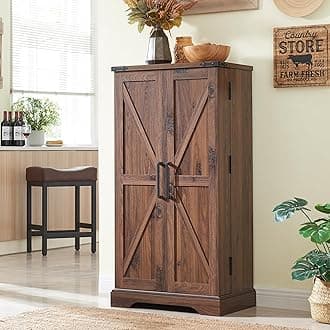 ACCOHOHO 47" Kitchen Pantry, Farmhouse Storage Cabinet with Barn Doors, Organizer and Adjustable Shelves, Rustic Wood Cupboard for Kitchen, Dining Room, Bathroom and Hallway, Brown