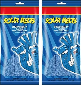 Raspberry Sour Belts - Vibrant & Tangy Blue Raspberry Sour Strips - Non GMO, Vegan & Kosher Blue Raspberry Sour Candy - 4 Ounce, 2 Pack