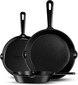 Utopia Kitchen Cast iron Skillets 3 Piece Set, Chefs Pan, Pre Seasoned Cast iron Skillets, 6, 8 & 10 Inches, Easy Use in the Oven, Stove, Grill, or Campfire, Black