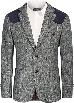Men Vintage Herringbone Tweed Blazer Jacket British Wool Blend Coat with Pocket