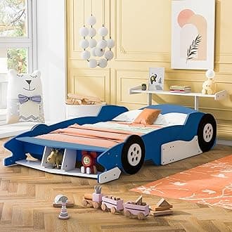 Full Size Race Car Bed for Boys,Cool Car Bed Frame with Storage Shelves,Car Shaped Kids Bed Full Size,Car Bed Full with Wheels for Kids,Girls,Blue