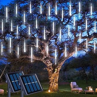 JMEXSUSS 2 Pack Solar Christmas Meteor Shower Lights, 16 Tube 288 LED White Solar Christmas String Lights Outdoor Waterproof for Tree Patio Garden Wedding Party Decorations